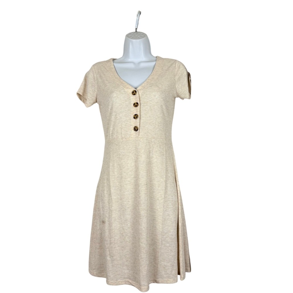 Pink Rose Heather Oatmeal Ribbed Knit V-Neck Skater Dress PS1K50614 Womens Small